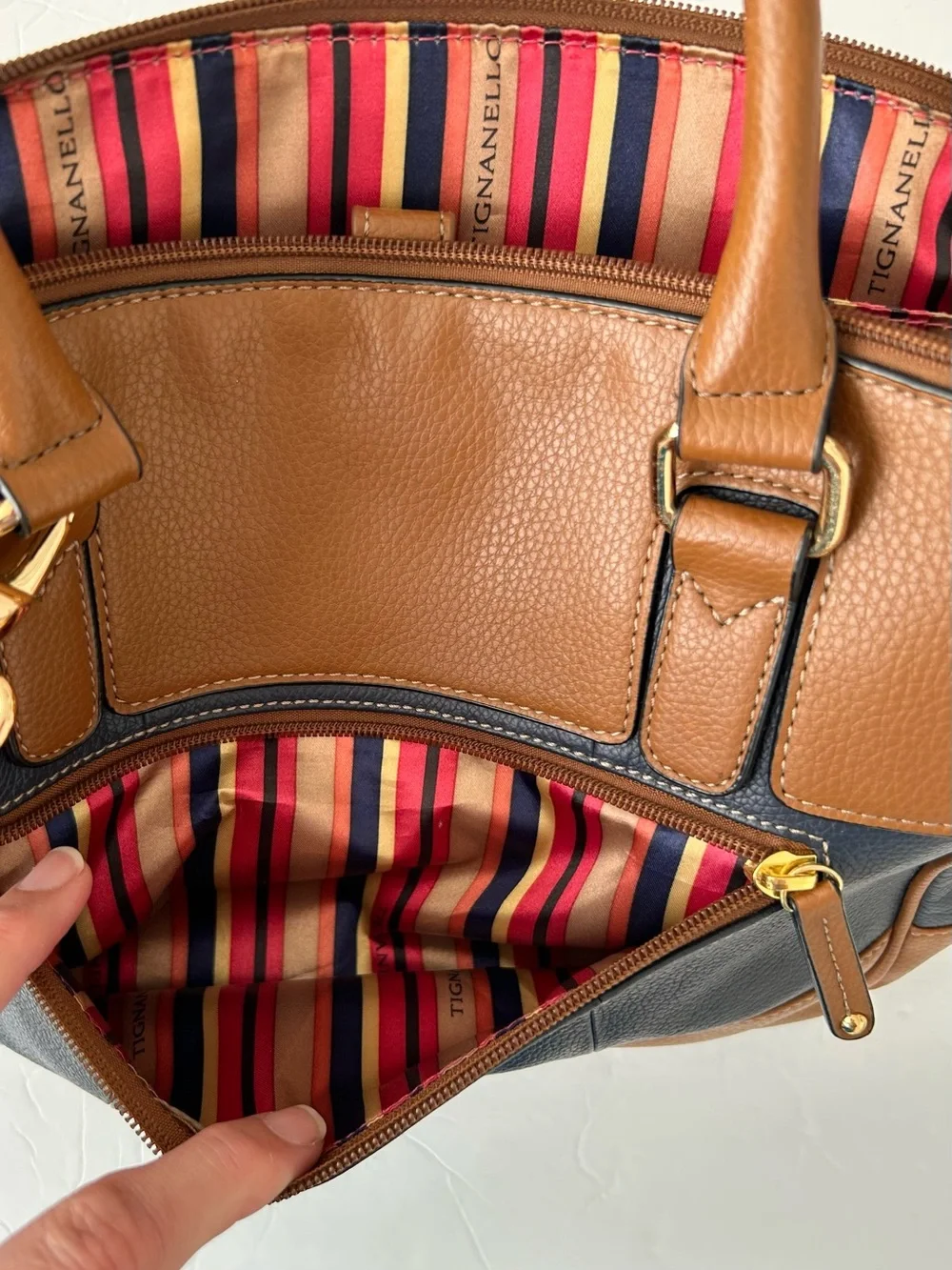 Tignanello Est. 1989 Brown Navy Leather Handbag Plus Shoulder Bag Gold Hardwar